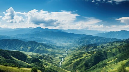 Mountain panorama. Panoramic view of the green hills. - obrazy, fototapety, plakaty