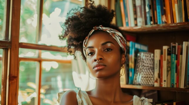 Warm, inviting photo of a young African woman at home, surrounded by books and art, showcasing personality and comfort, natural light coming through a window