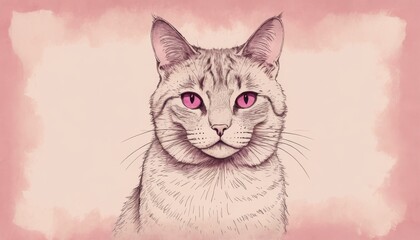   A sketch of a feline's visage featuring pink orbs and facial hair on a roseate backdrop