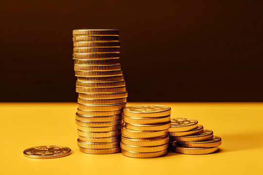 A stack of gold coins on a wooden table.