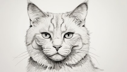  A monochromatic illustration depicting a feline's visage with a melancholic expression and downturned gaze