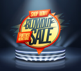 Blowout sale further reductions web banner with podium and rays of lights - 769040140