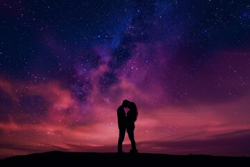 Fototapeta premium In the atmospheric phenomenon of dusk, a couple kisses under a purple starry sky