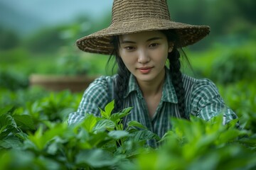 An Asian woman with a straw hat tends to plants in lush green farm fields