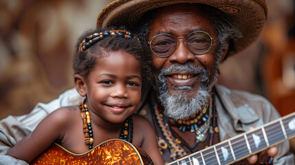 Happy elderly man with a young girl playing guitar, showcasing a warm family moment with cultural attire.