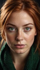 Fototapeta premium A serious woman with freckled hair and a green sweater stares into the camera