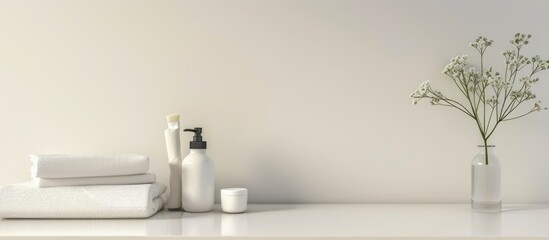 White tabletop with soap, towels, and blank space for product display in contemporary bathroom 