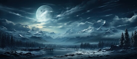 Fantasy landscape with snowy mountains and lake. - obrazy, fototapety, plakaty