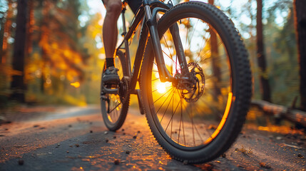 Close-up of a mountain bike wheel on a forest trail at sunset, with warm sunlight filtering through the trees.