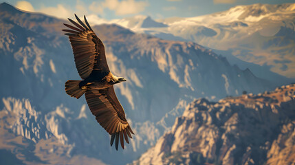 Magnificent condor soaring high above rugged mountain peaks