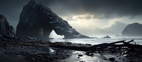 Dramatic image of a rocky beach and an old shipwreck - obrazy, fototapety, plakaty