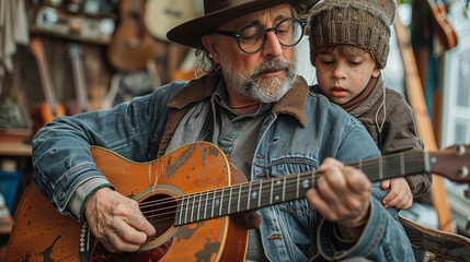 Senior man playing guitar with young child, bonding over music. - 769040566