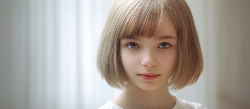 A girl with blonde hair and blue eyes is smiling at the camera, showcasing her nose, eyelashes, jawline, and layered hair with bangs. She has a step cutting style and looks delightful