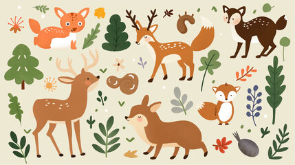 Multiple animals in the forest with stickers, in the style of dau al set, dignified poses, green and brown, functionality emphasis