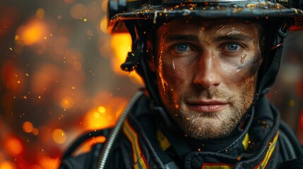 A man wearing a fireman's helmet stares at the camera