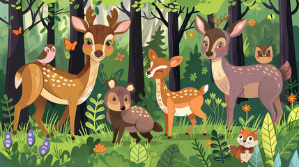 Multiple animals in the forest with stickers, in the style of dau al set, dignified poses, green and brown, functionality emphasis