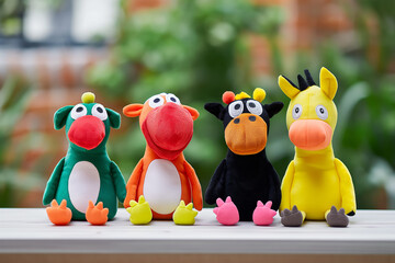 five different stuffed animal puppets each with a different colored body part, in the style of lively action poses