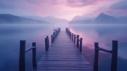 Foto op Plexiglas A long wooden pier in the middle of a lake with fog. Generative AI. © serg3d