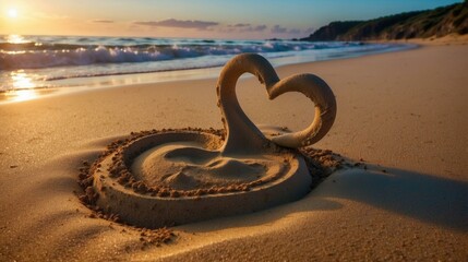 A heart shaped sand sculpture on the beach. Generative AI.