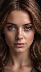 Fototapeta premium A woman with a serious expression in close-up against a black backdrop