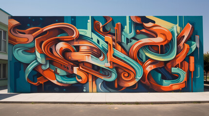 Naklejka premium Graffiti-inspired lettering intertwines with geometric abstract patterns in a street art mural, transforming a nondescript wall into a vibrant celebration of urban culture and expression.