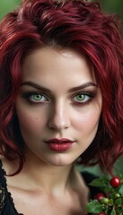 Fototapeta premium A woman with red hair and green eyes wears a black dress and holds a flower in her left hand