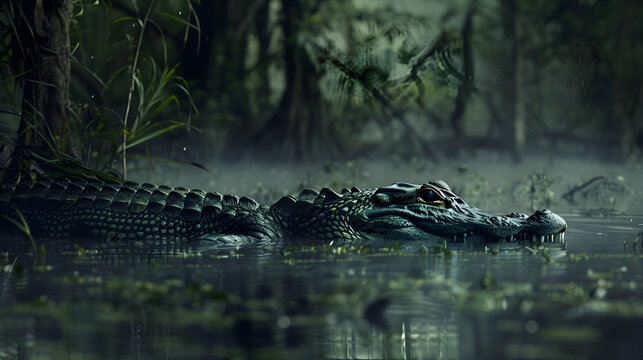Majestic alligator gliding stealthily through murky swamp waters