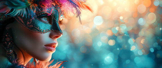 Beautiful young woman with wearing multicolored carnival mask with feathers. Girl wearing costume celebrating carnival. Bokeh lights in background. Generative AI
