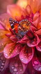 A butterfly sitting on a flower with water droplets covering it. Generative AI.