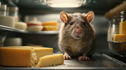 A rat is standing in front of cheese and a piece of bread. Generative AI.