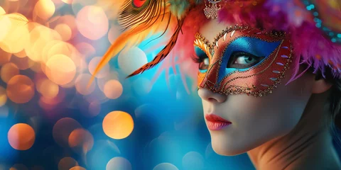 Rideaux occultants Carnaval Beautiful young woman with wearing multicolored carnival mask with feathers. Girl wearing costume celebrating carnival. Bokeh lights in background. Generative AI