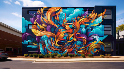 Vibrant hues and intricate patterns converge in a street art mural, where graffiti-style lettering and abstract motifs intertwine to create a captivating urban masterpiece.