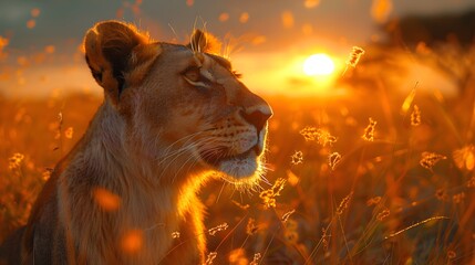 majesty of a lioness on the savanna, her golden coat illuminated by the warm glow of the setting sun, in breathtaking 16k full ultra HD.
