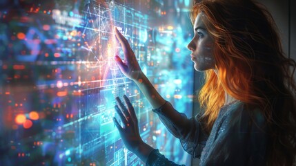 Business analysis, business woman referring to large touch screen.