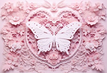 A pink paper butterfly is on a heart shaped frame. Generative AI.