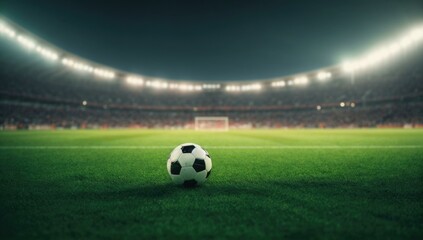 A soccer ball on a field at night with lights. Generative AI.