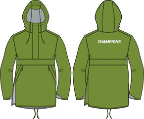 Long line Parka coat Hoodie jacket design flat sketch Illustration, Hooded Parka rain coat with front and back view, winter coat for Men and women for outerwear and long weather jacket © JERZEY DESINZ