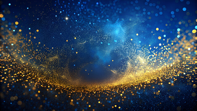 abstract background with Dark blue and gold particle. Golden light shine particles bokeh on navy blue background. Gold foil texture. Holiday concept.