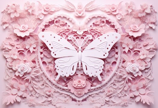 A pink paper butterfly is on a heart shaped frame. Generative AI.