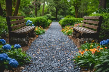 Two empty park benches beside a gravel pathway offer a quiet retreat amongst vibrant flowers and lush greenery