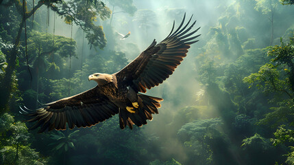 Majestic eagle soaring above a lush forest - obrazy, fototapety, plakaty