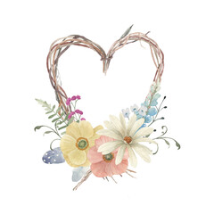 Watercolor wedding vintage heart wreath. Hand drawn floral isolated illustration on white background.