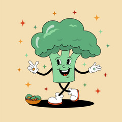 Comic flat Broccoli with face on decorated background. Vector cartoon illustration in groovy retro style with salad bowl. Vintage cute tasty green vegetable character with smile for banner or concept