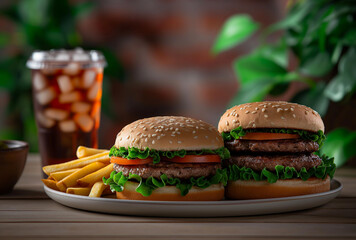 Burgers, fries and soda served on a plate, in the style of functionality emphasis, red and maroon, clear edge definition, dark red and light green