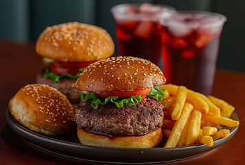 Burgers, fries and soda served on a plate, in the style of functionality emphasis, red and maroon, clear edge definition, dark red and light green
