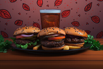  poses

Burgers, fries and soda served on a plate, in the style of functionality emphasis, red and maroon, clear edge definition, dark red and light green