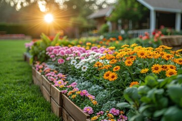 A vibrant image capturing the first rays of sun lighting up a bed filled with a variety of fresh, colorful flowers in a garden