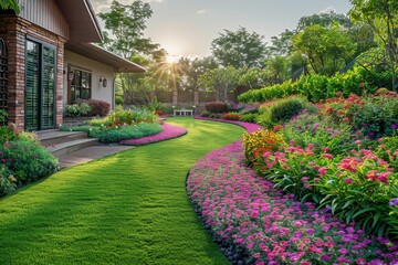 Beautifully landscaped house garden with vibrant flower beds and a green lawn basked in the golden light of setting sun, evoking warmth and tranquility