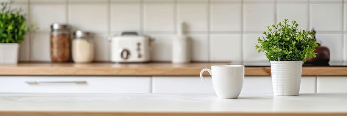 Morning coffee scene in modern kitchen, summer breakfast on white table, natural light, copy space