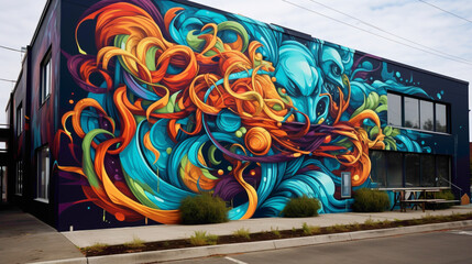 Vibrant hues and intricate patterns converge in a street art mural, where graffiti-style lettering and abstract motifs intertwine to create a captivating urban masterpiece.